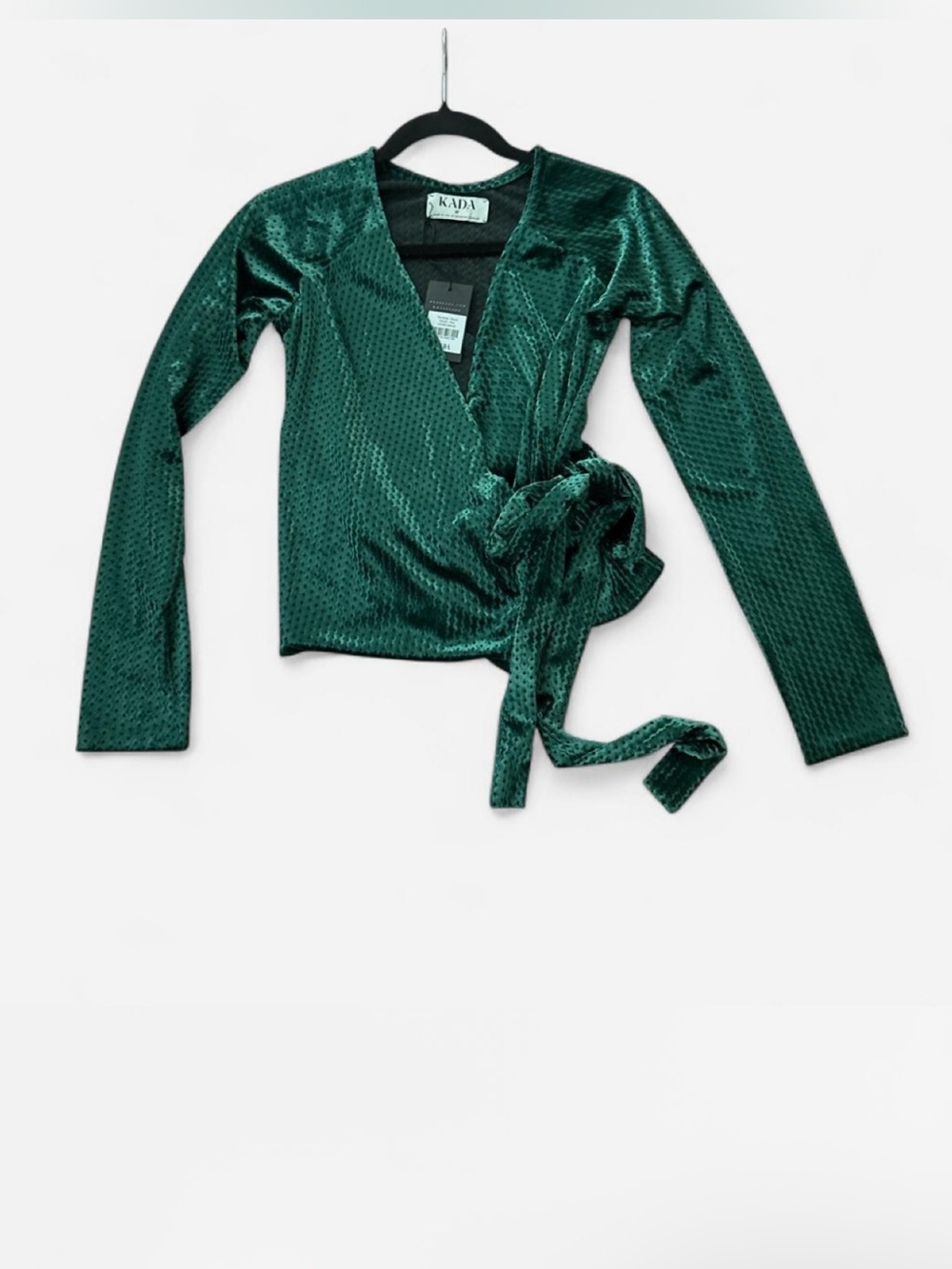 Kada the wrap classic blouse green velvet tie waist preppy boho party size XS